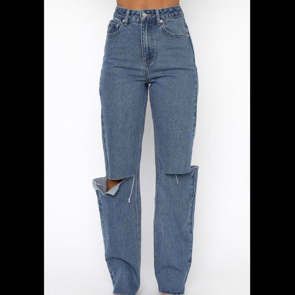 medium/dark wash high waisted straight leg jeans